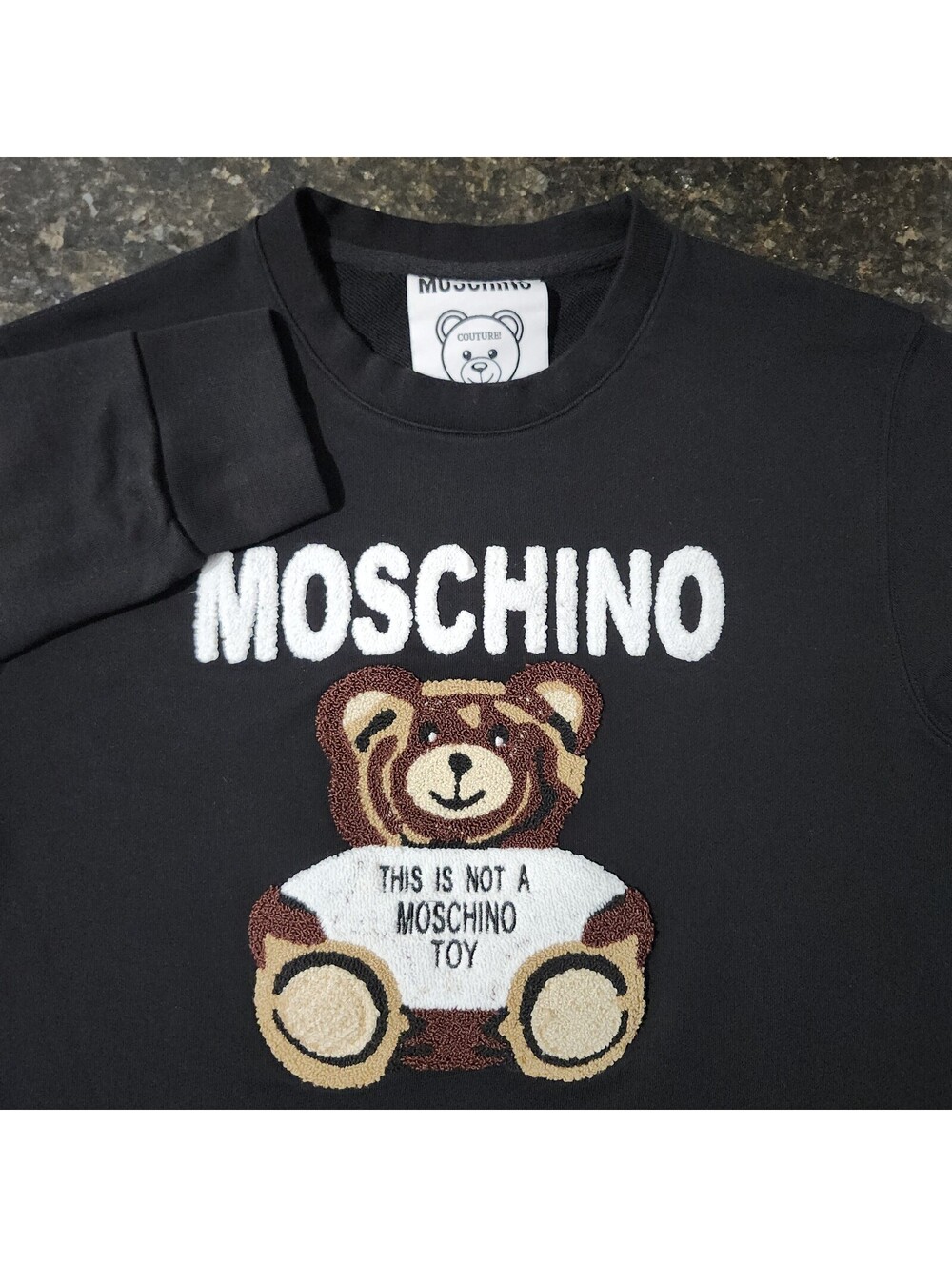 Moschino Couture Teddy Bear Embroidered This Not A Toy Sweatshirt Crewneck